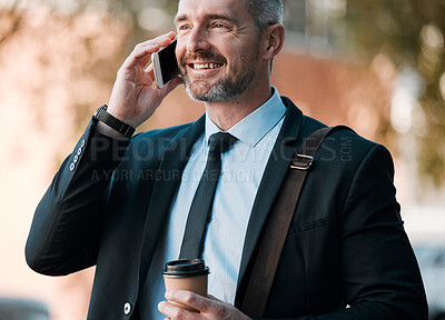 Buy stock photo City, cellphone and mature businessman with coffee, travel and confidence in business networking. Ceo, manager or happy man standing on sidewalk with phone call waiting for taxi at work with smile.