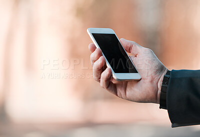 Buy stock photo Business, hands and phone screen in city for travel, marketing and social media mockup in street. Professional person or employee on mobile app with ui or ux design space for opportunity or search