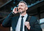 City, phone call and mature man with smile, travel and confidence in business networking. Ceo, manager or happy businessman standing on sidewalk with smartphone waiting for taxi at work with pride.