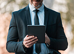 Outdoor, business and man with a tablet, closeup and connection with social media, typing and email notification. Person, broker or accountant with technology, city and online reading for information