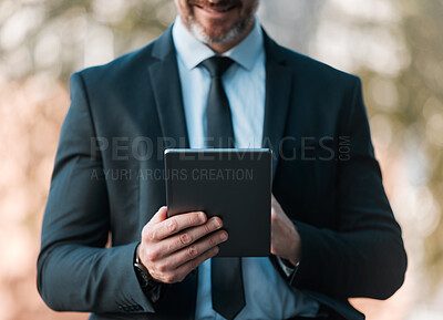 Buy stock photo Outdoor, business and man with a tablet, closeup and connection with social media, typing and email notification. Person, broker or accountant with technology, city and online reading for information