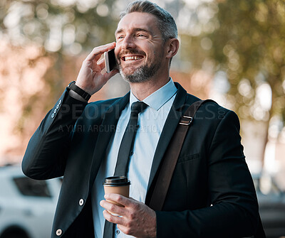 Buy stock photo City, phone call and mature businessman with coffee, travel and confidence in business networking. Ceo, manager or happy man standing on sidewalk with smartphone waiting for taxi at work with smile.