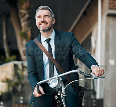 Mature man, business and bicycle outdoor for professional career, travel and transportation. Happy entrepreneur person with a bike for cycling, carbon footprint and sustainability on urban journey