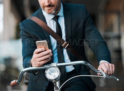 Businessman, phone in hands and bicycle outdoor for communication, travel and transportation. Entrepreneur person with a bike and smartphone for internet connection, carbon footprint and journey