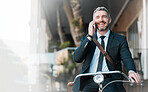 Business man, phone call and bicycle outdoor for communication, travel and eco transportation. Mature entrepreneur person talking on smartphone for happy conversation, carbon footprint and space