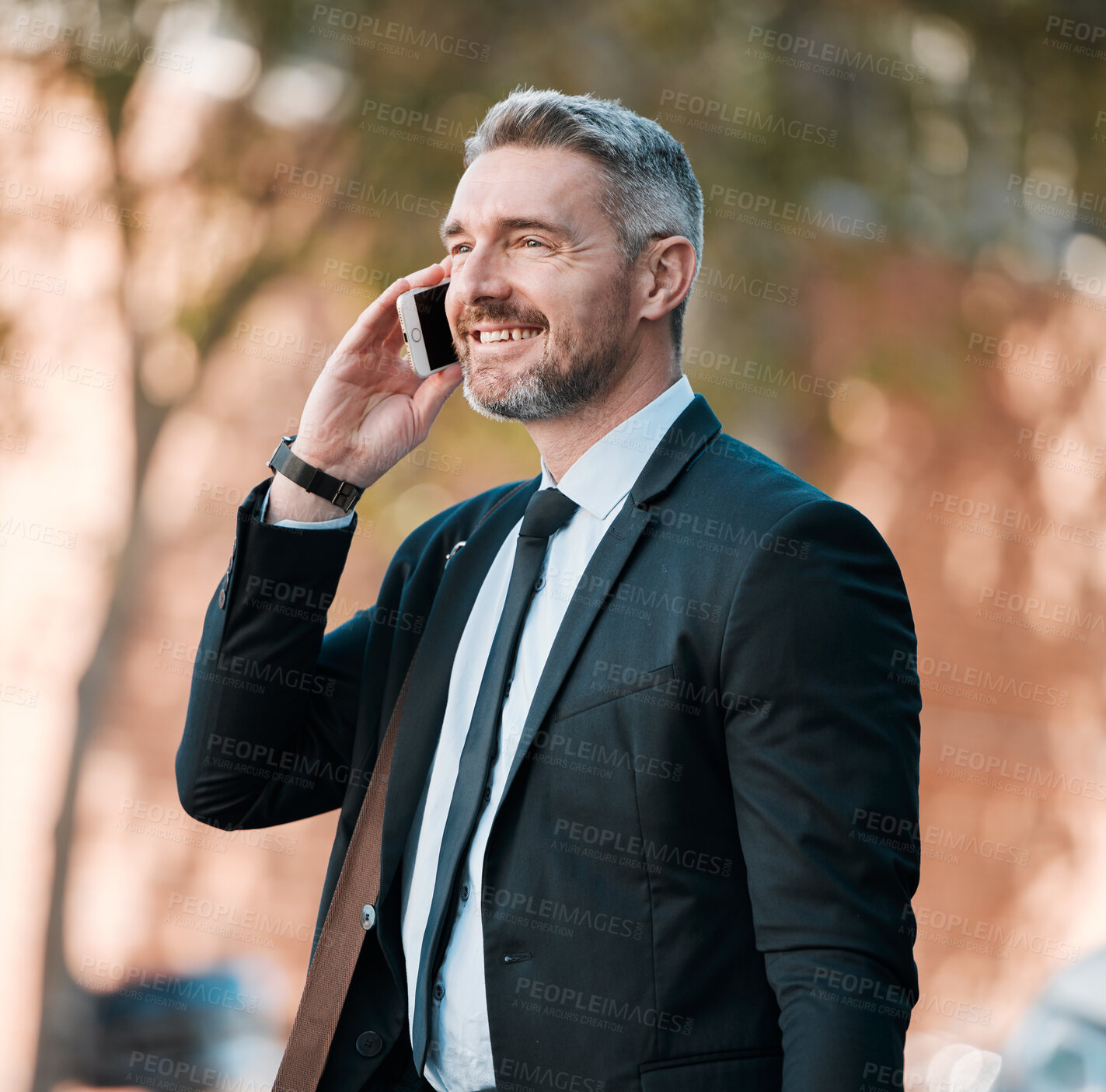 Buy stock photo Street, phone call and mature businessman with smile, travel and confidence in business networking. Ceo, manager or happy man standing on in city with smartphone waiting for taxi on sidewalk at work.