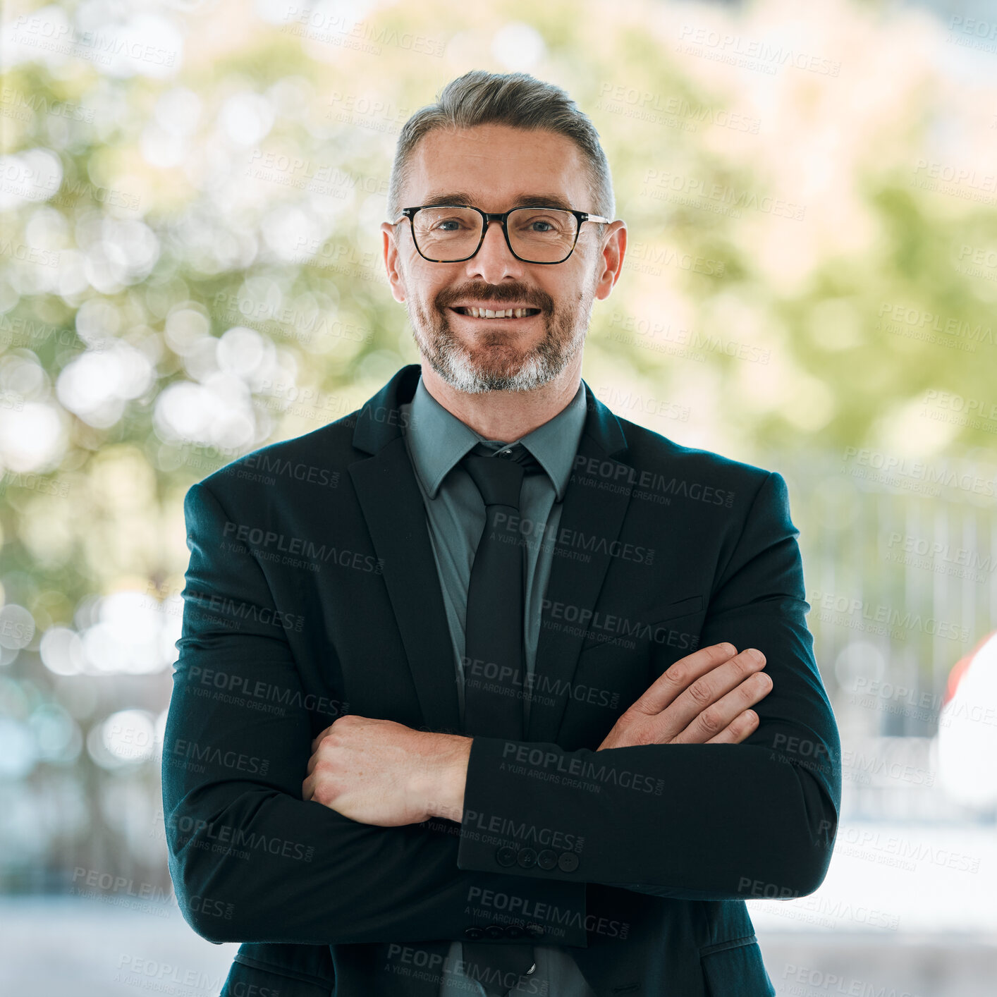 Buy stock photo Portrait, smile and arms crossed with a business man outdoor in the city for corporate management or work. Leadership, happy and confidence with a mature manager or professional boss in an urban town