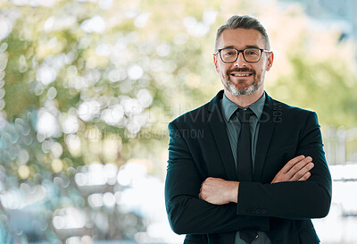 Buy stock photo Mature man, business and arms crossed outdoor for professional career and positive attitude. Portrait of happy entrepreneur or CEO person with pride, confidence or smile for corporate growth or space