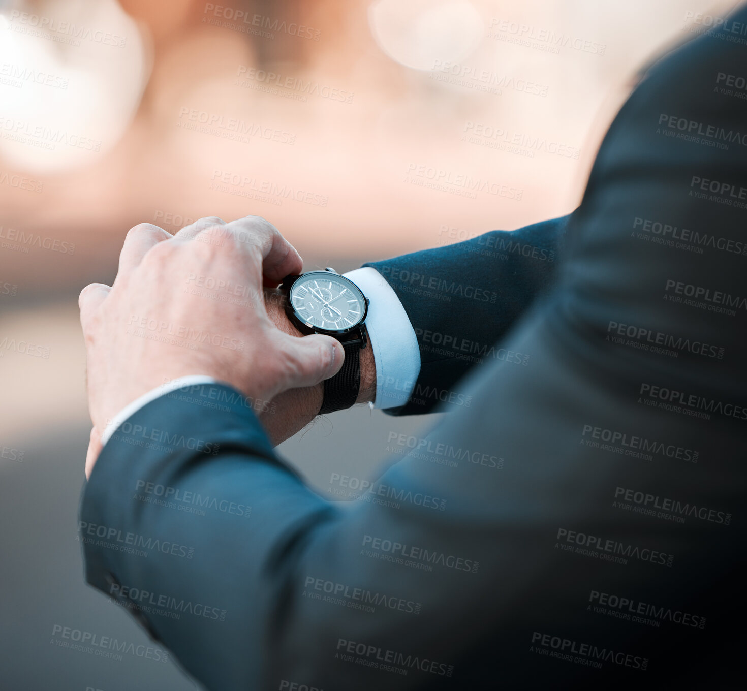 Buy stock photo Businessman, watch and check time on clock for travel in city with a schedule, delay or entrepreneur planning morning appointment. Hands, checking and business hours of manager, employee or executive