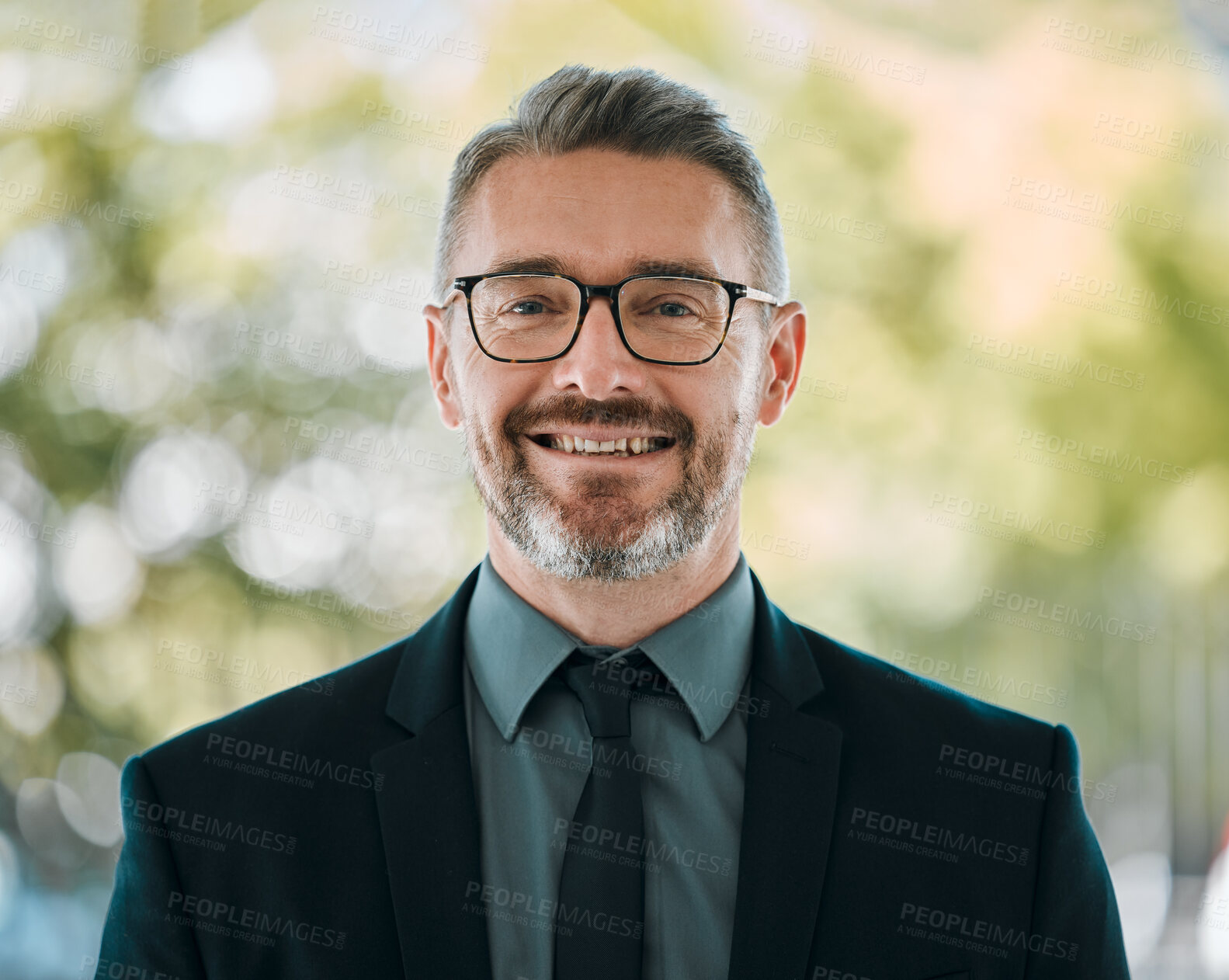 Buy stock photo Mature man, business and portrait outdoor with glasses for professional career and positive attitude. Face of happy entrepreneur or CEO person with pride, confidence and smile for corporate growth