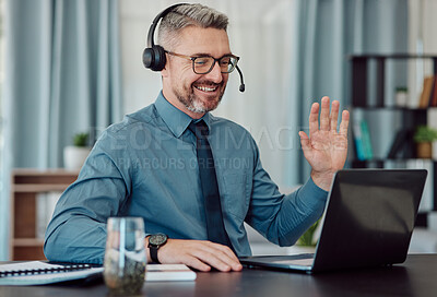 Buy stock photo Senior, happy man and call center in virtual meeting, customer service or telemarketing at the office. Mature businessman, consultant or agent smile in online advice, help or contact us at workplace