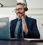 Senior, happy man and call center consulting on laptop in customer service, support or telemarketing at the office. Mature businessman, consultant or agent smile in online advice, help or contact us