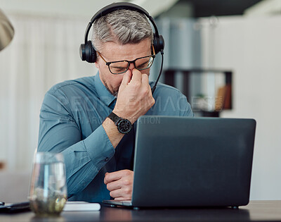 Buy stock photo Senior businessman, call center and headache in burnout, mistake or stress in customer service at office. Frustrated mature man, consultant or agent in depression, overworked or migraine at workplace