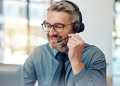 Buy stock photo Senior, happy man and call center with headphones in customer service, support or telemarketing at office. Mature businessman, consultant or agent smile in online advice, help or contact us at desk