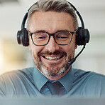 Senior, happy man and face in call center with headphones in customer service, support or telemarketing at office. Mature businessman, consultant or agent smile in online advice, help or contact us