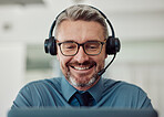 Senior, happy man and call center with headphones in telemarketing, customer service or support at office. Mature businessman, consultant or agent smile in online advice or contact us at workplace