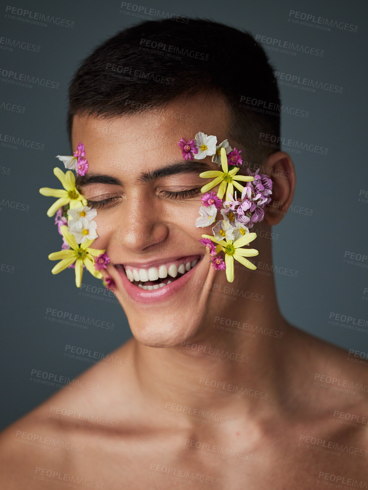 Buy stock photo Face, happy man and flowers, beauty and nature, cosmetics and headshot with art deco isolated on studio background. Natural aesthetic, dermatology with eco friendly skincare and clean with spring