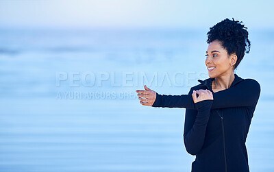 Buy stock photo Woman, stretching and fitness on beach mockup and thinking of running, cardio health and training in nature. Athlete, runner or african person for warm up exercise, workout ideas and sports by ocean