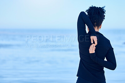 Buy stock photo Back, beach and woman with exercise, stretching and wellness with sports, workout and cardio with performance. Person, outdoor or athlete stretch arms, training or mockup space with health or fitness