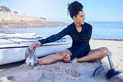 Buy stock photo Happy, paddle board and a woman stretching on a beach for training, fitness and thinking of surfing. Smile, nature and a young person with a warm up in the morning for paddling exercise at the ocean