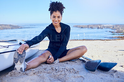 Buy stock photo Beach portrait, rowing and happy woman stretching body for outdoor fitness, sports training and athlete start workout. Legs muscle care, smile and relax nature person doing warm up sitting on sand
