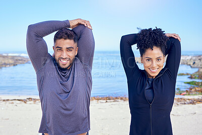 Buy stock photo Beach portrait, exercise and happy couple stretching arm for outdoor sports, fitness and athlete start workout. Teamwork, happiness and relax nature team doing partner warm up, wellness or training