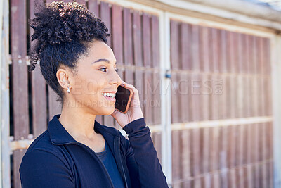 Buy stock photo Phone call, communication and young woman outdoor talking with smile and happiness on technology. Fitness, cellphone and female athlete on a mobile conversation after an outside workout or exercise.