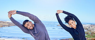 Buy stock photo Beach workout, stretching and portrait of happy people, couple of friends and smile for exercise performance. Blue sky, ocean sea and nature team training, arm muscle flexibility and start warm up