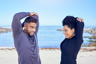 Buy stock photo Beach, exercise and happy couple of friends stretching for fitness, teamwork and start workout performance, routine or arm care. Sea, eye contact and team partner doing warm up, wellness or training