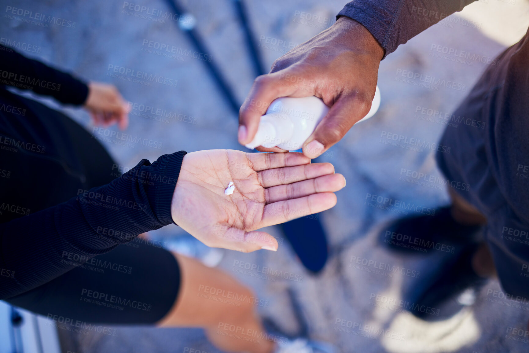 Buy stock photo Sunscreen, above and hands of man and woman with moisturizer bottle or cream for skincare or body to workout. Healthy skin, people and cosmetic product in plastic container to apply for exercise