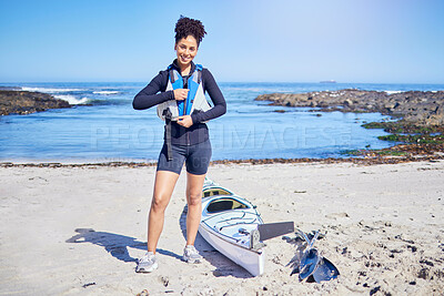 Buy stock photo Portrait, kayak and woman with a smile, beach and fitness with training, health and wellness. Person, athlete and girl with water sports, exercise or seaside with getaway, paddle and travel with trip