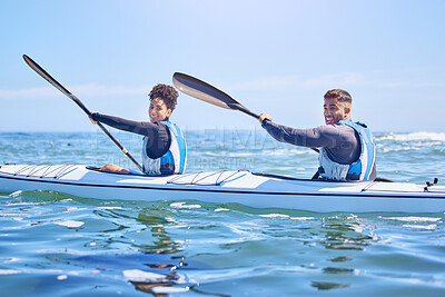 Water, portrait of man and woman in kayak for sports on lake, beach or river for exercise together on vacation. Ocean holiday, adventure and fitness, couple in canoe for training workout on blue sky.