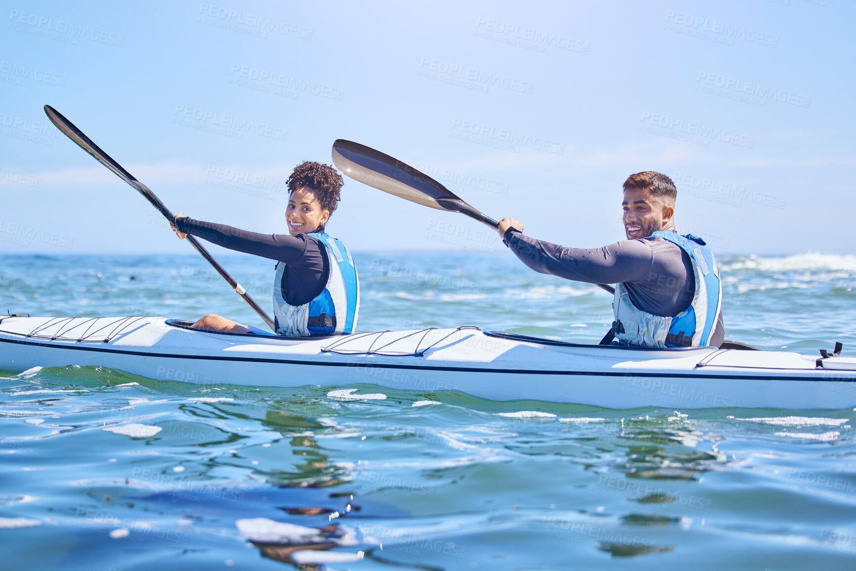 Buy stock photo Water, portrait of man and woman in kayak for sports on lake, beach or river for exercise together on vacation. Ocean holiday, adventure and fitness, couple in canoe for training workout on blue sky.
