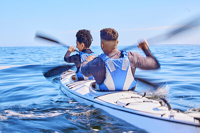 Buy stock photo Water, man and woman in kayak for race on lake, beach or river for exercise together on vacation. Ocean holiday, adventure and fitness, couple in canoe for training workout in teamwork on blue sky.