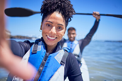 Buy stock photo Ocean, kayak and couple with selfie, beach and summer vacation with memory, honeymoon and social media. Portrait, post and man with woman, water sports and picture with love, training and holiday