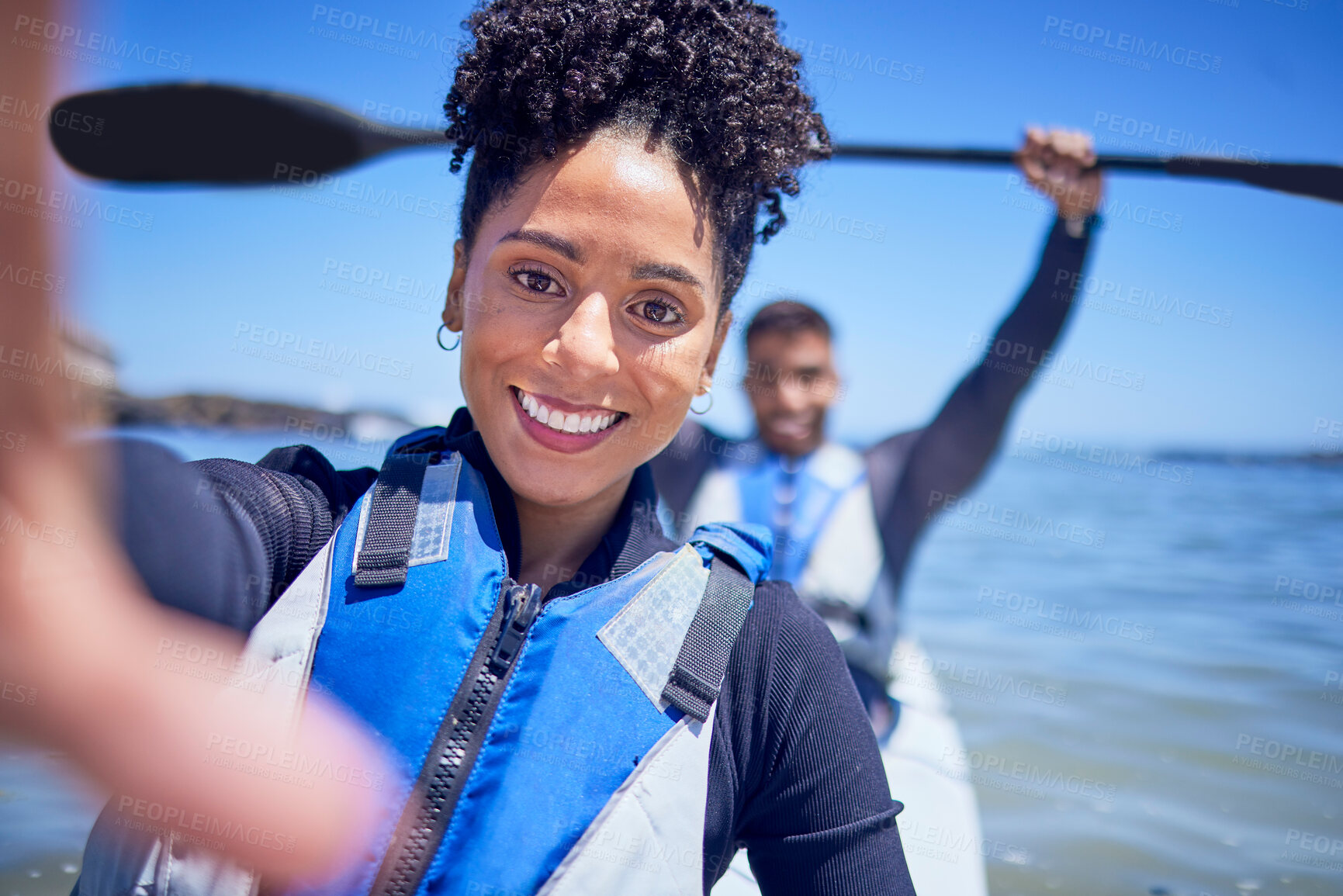 Buy stock photo Ocean, kayak and couple with selfie, beach and summer vacation with memory, honeymoon and social media. Portrait, post and man with woman, water sports and picture with love, training and holiday