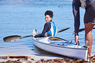 Buy stock photo Water, portrait of woman in kayak and getting ready at lake, beach or river for exercise with smile. Ocean holiday, adventure and fitness, happy couple in canoe for training workout for sports at sea