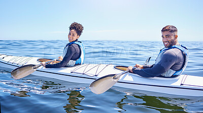 Buy stock photo Ocean, portrait of happy man and woman in kayak at lake, beach or river for exercise challenge. Sports holiday, adventure and fitness, couple rowing in canoe for training workout and fun race at sea.