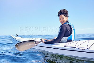 Buy stock photo Water, sports and portrait woman in kayak at lake, beach or river for exercise, race or challenge. Ocean holiday, adventure and fitness, happy girl in canoe for training workout or fun competition.
