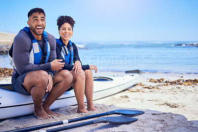 Buy stock photo Couple, happy and outdoor for kayak or travel at a beach with a partner for teamwork. A man and woman with a canoe for paddle sports, water adventure and vacation or freedom with space in nature