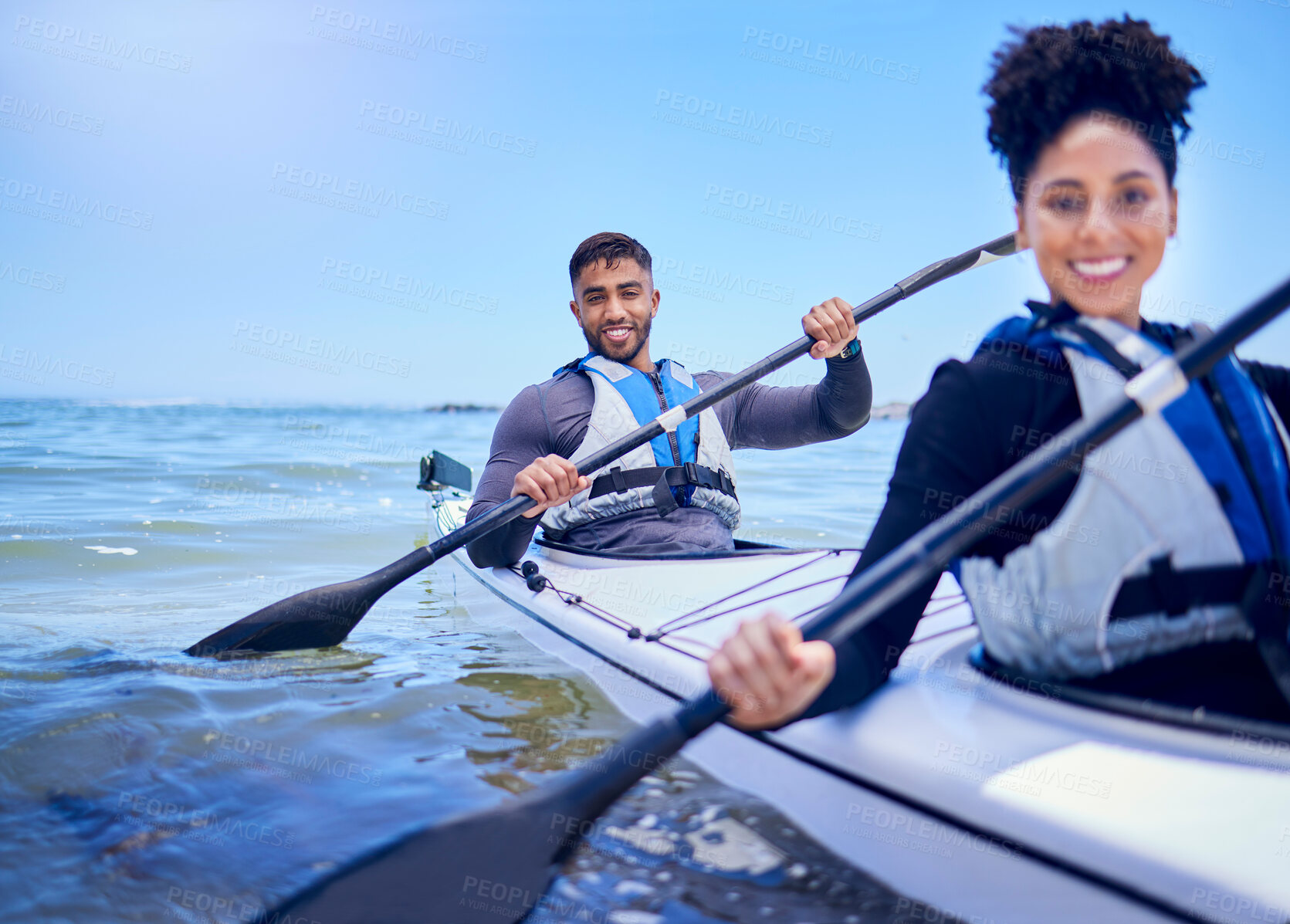 Buy stock photo Water, man and woman in kayak at lake, beach or river for exercise in sports at sea in portrait. Ocean holiday, adventure and fitness, happy couple with smile rowing in canoe at training or challenge