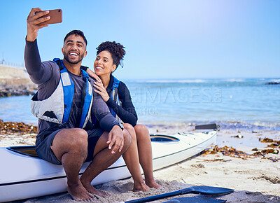 Buy stock photo Selfie, kayak and a couple on the beach in summer together for freedom, vacation or holiday travel. Relax, love or smile with a sports man and woman on a boat by the ocean or sea for adventure