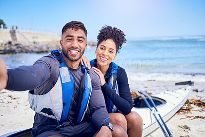 Buy stock photo Selfie, kayak and a couple on the beach to relax in summer together for freedom, vacation or holiday travel. Portrait, love or smile with a sports man and woman on a boat by the ocean for adventure