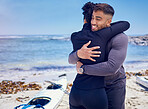 Kayak, sports and fitness couple hug at a beach for training, bond and workout in nature together. Kayaking, love and man embrace woman at the sea for rowing adventure, workout or fun weekend hobby
