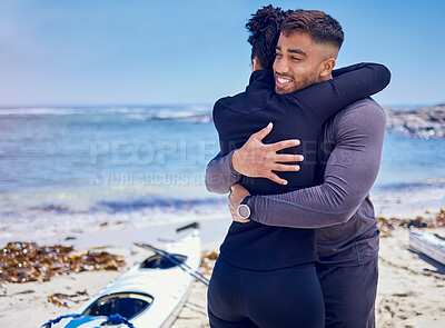 Buy stock photo Kayak, sports and fitness couple hug at a beach for training, bond and workout in nature together. Kayaking, love and man embrace woman at the sea for rowing adventure, workout or fun weekend hobby