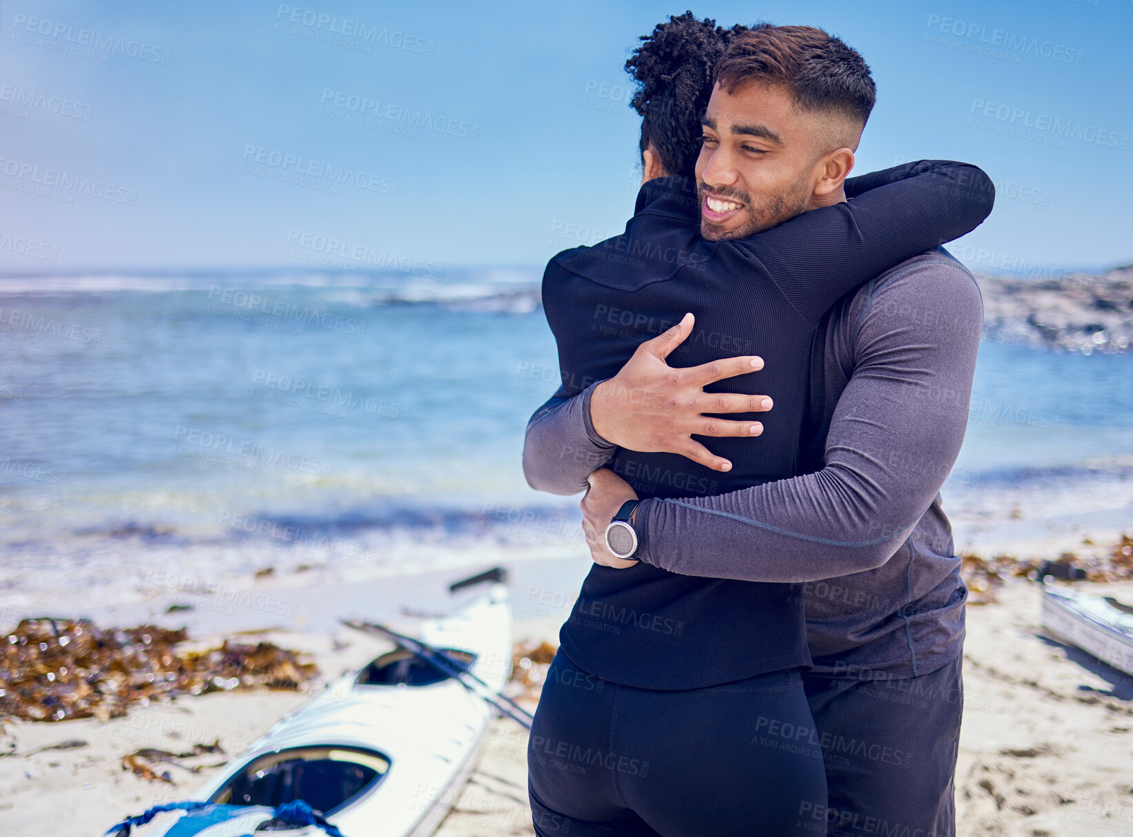 Buy stock photo Kayak, sports and fitness couple hug at a beach for training, bond and workout in nature together. Kayaking, love and man embrace woman at the sea for rowing adventure, workout or fun weekend hobby