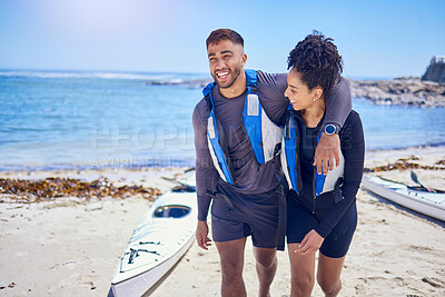 Buy stock photo Love, happy and kayak with a couple laughing on the beach for travel, freedom or sports outdoor in nature. Funny, summer vacation or holiday with a man and woman by the sea or ocean for canoeing