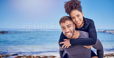 Buy stock photo Portrait, piggy back and beach with couple, love and adventure with fitness, travel and mockup space. Face, people and man carrying woman with bonding, seaside or loving together with summer vacation