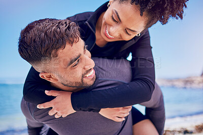 Buy stock photo Piggyback, love and fitness couple at a beach for training, bond and morning workout in nature. Sports, workout and happy man with woman at the ocean for wellness, freedom and exercise celebration