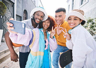 Buy stock photo Friends, selfie and city with peace sign happy, gen z and smile of university students for social media. Profile picture, portrait and diversity of young people on a street on vacation with fashion